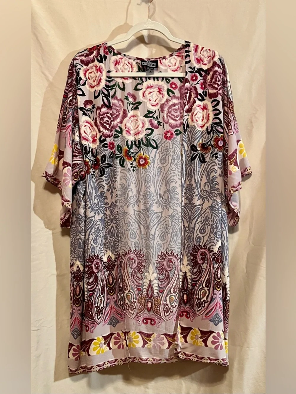 Angie Floral Paisley Kimono Cardigan in Pink, Purple, Yellow, Size L - Picture 2 of 7